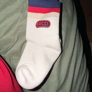 Gucci White Crew Socks with Navy, Red & Cream Stripes